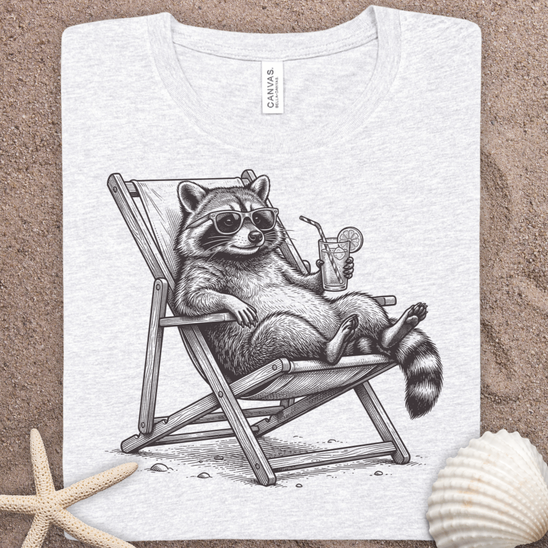 Laid-Back Raccoon Relaxing on Beach Chair Illustration Tee