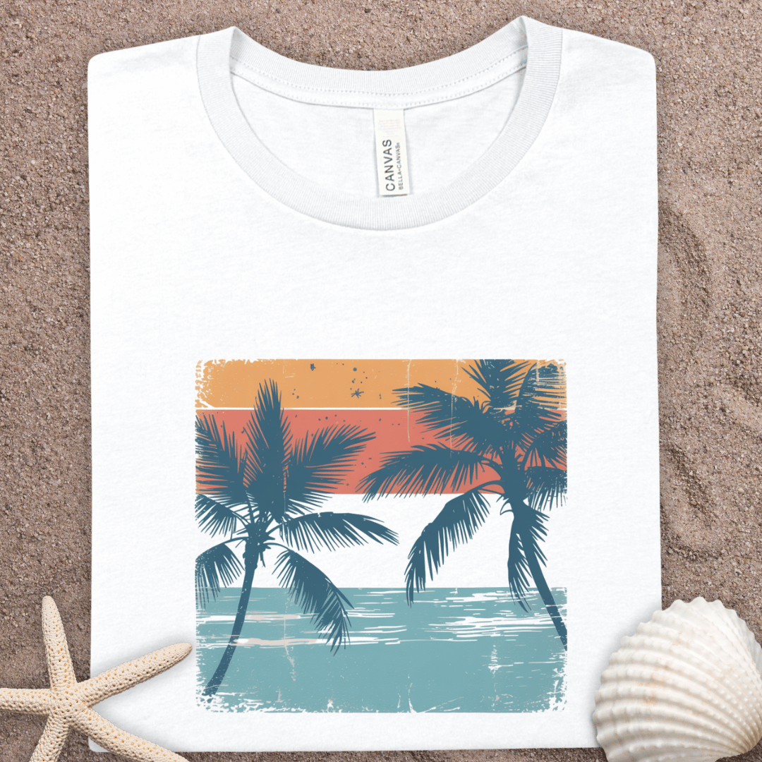Retro Palm Beach T-Shirt — Vintage Sunset Palm Tree Tee