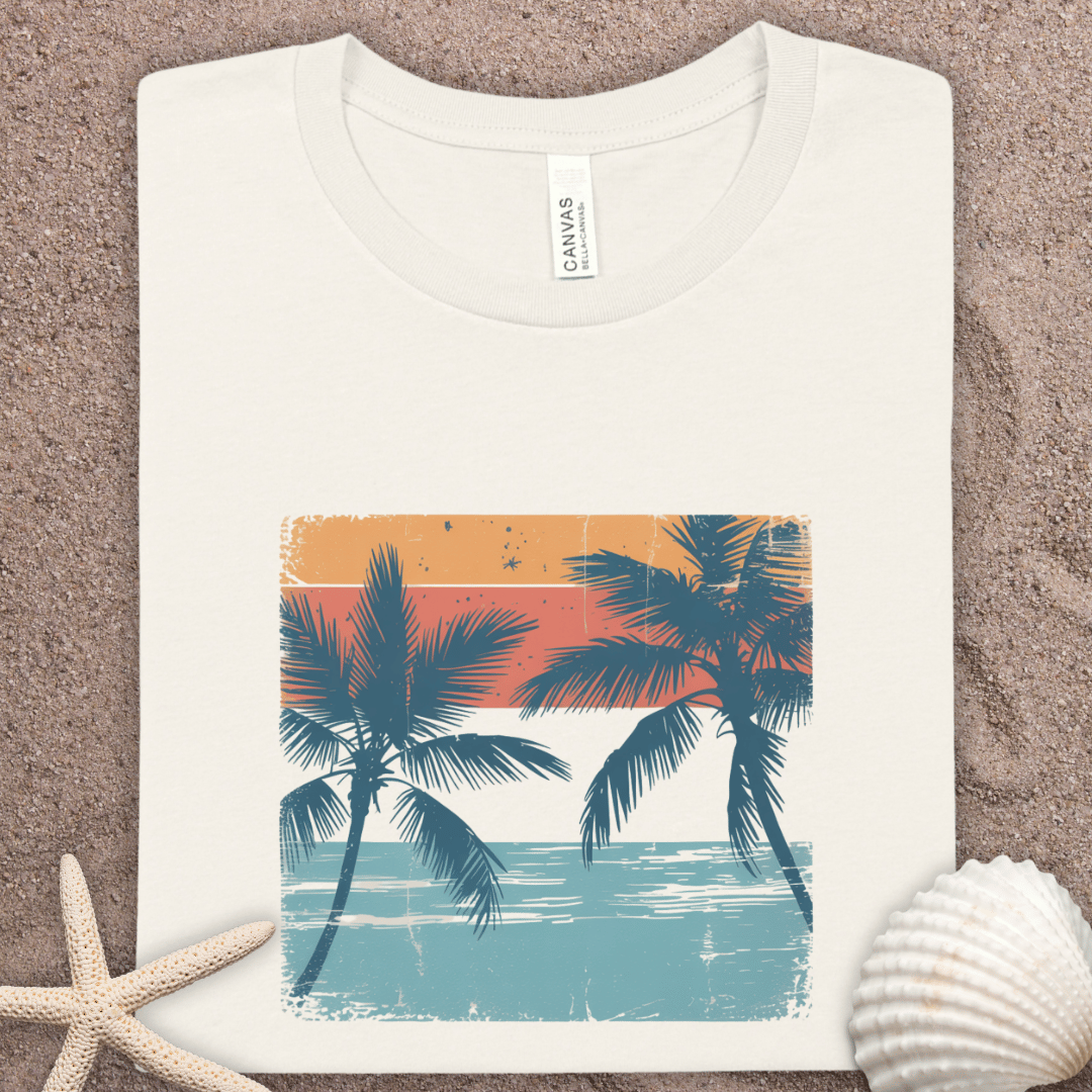 Retro Palm Beach T-Shirt — Vintage Sunset Palm Tree Tee