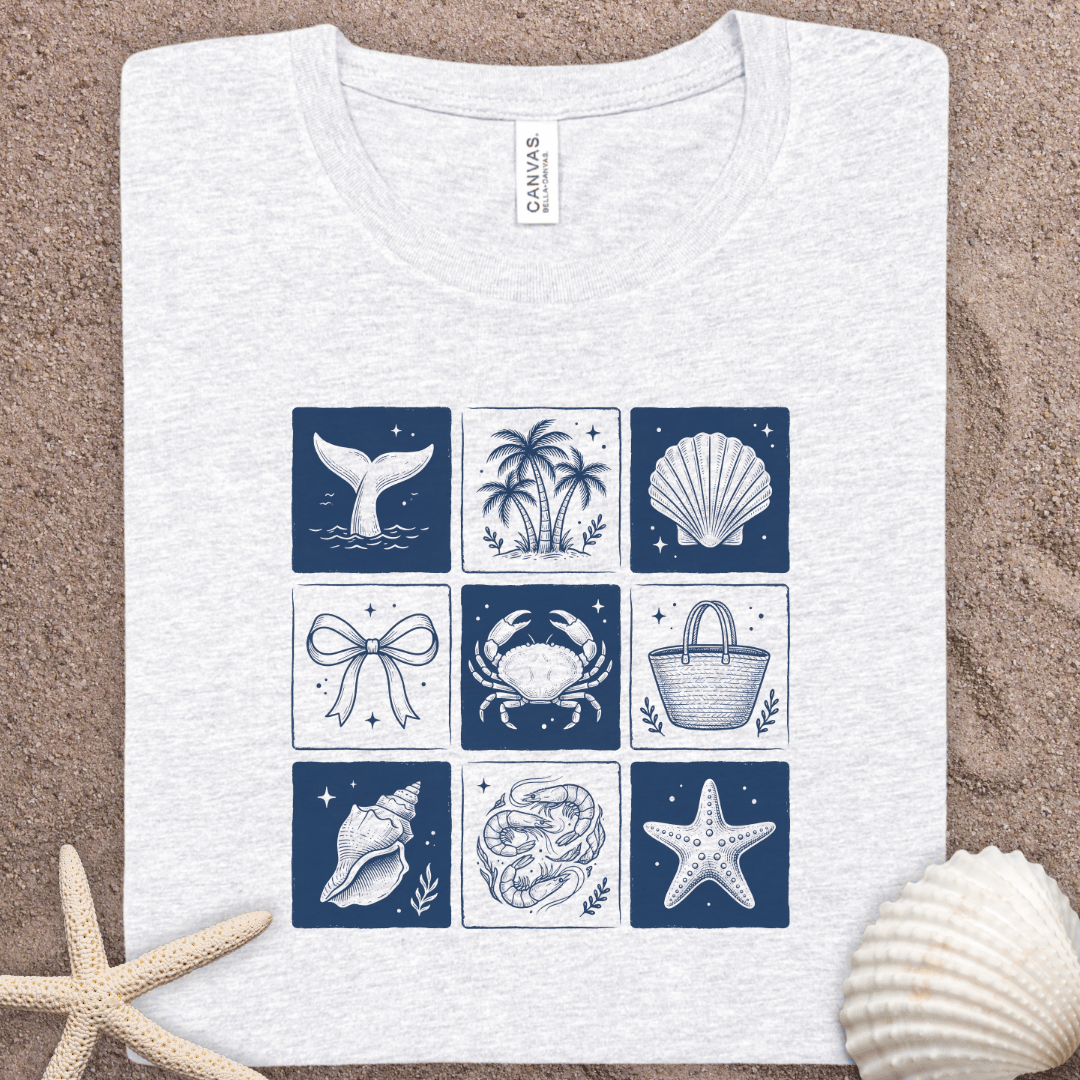 Nautical Summer Tiles Graphic Tee — Seashells, Crab & Starfish Beach T-Shirt
