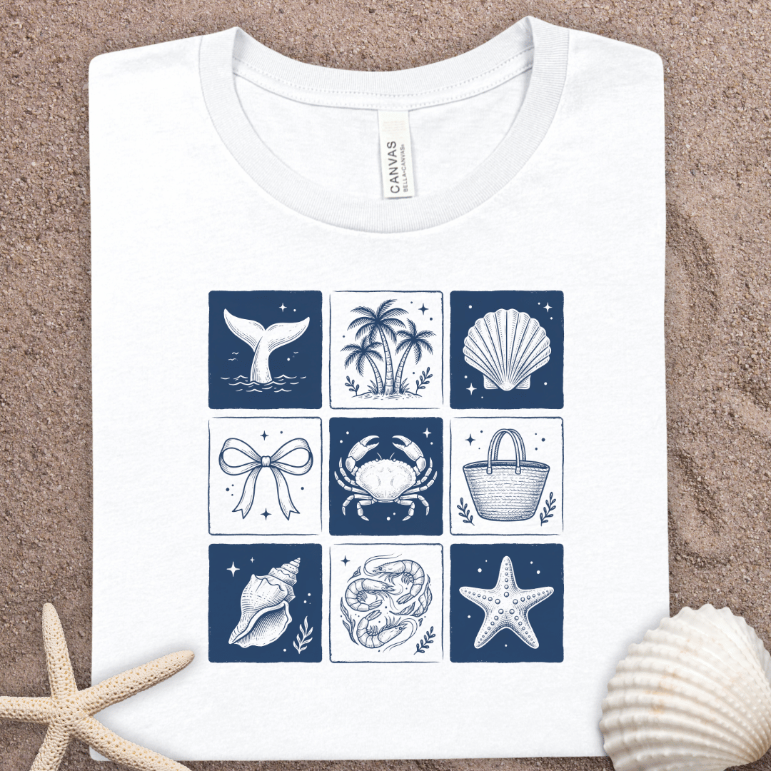 Nautical Summer Tiles Graphic Tee — Seashells, Crab & Starfish Beach T-Shirt