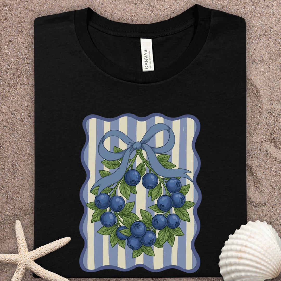 Blueberry Wreath Tee — Vintage Summer Striped Botanical Graphic T-Shirt