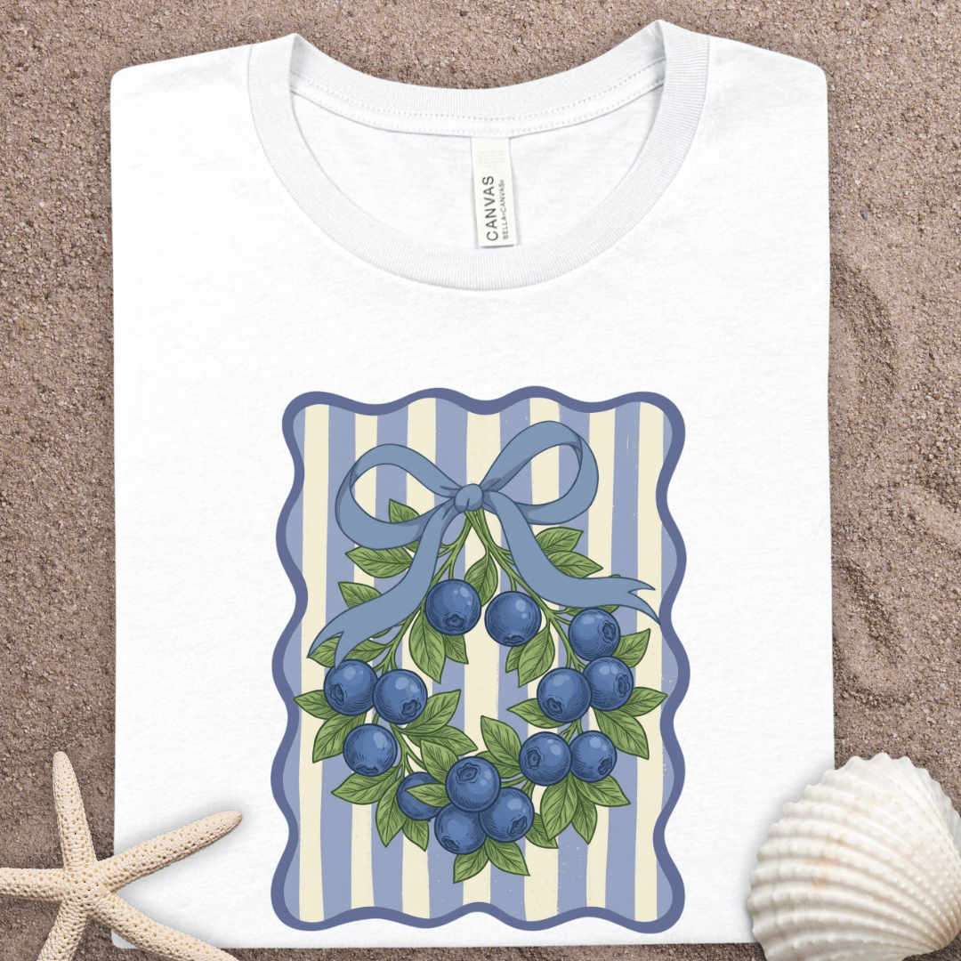 Blueberry Wreath Tee — Vintage Summer Striped Botanical Graphic T-Shirt
