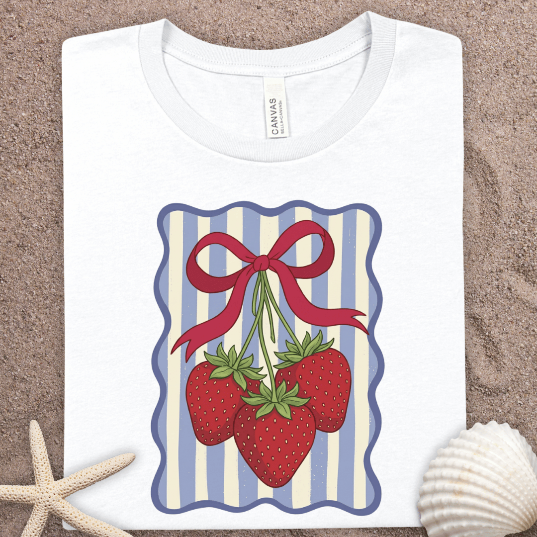 Strawberry Bouquet Summer Graphic Tee — Retro Striped Fruit Shirt