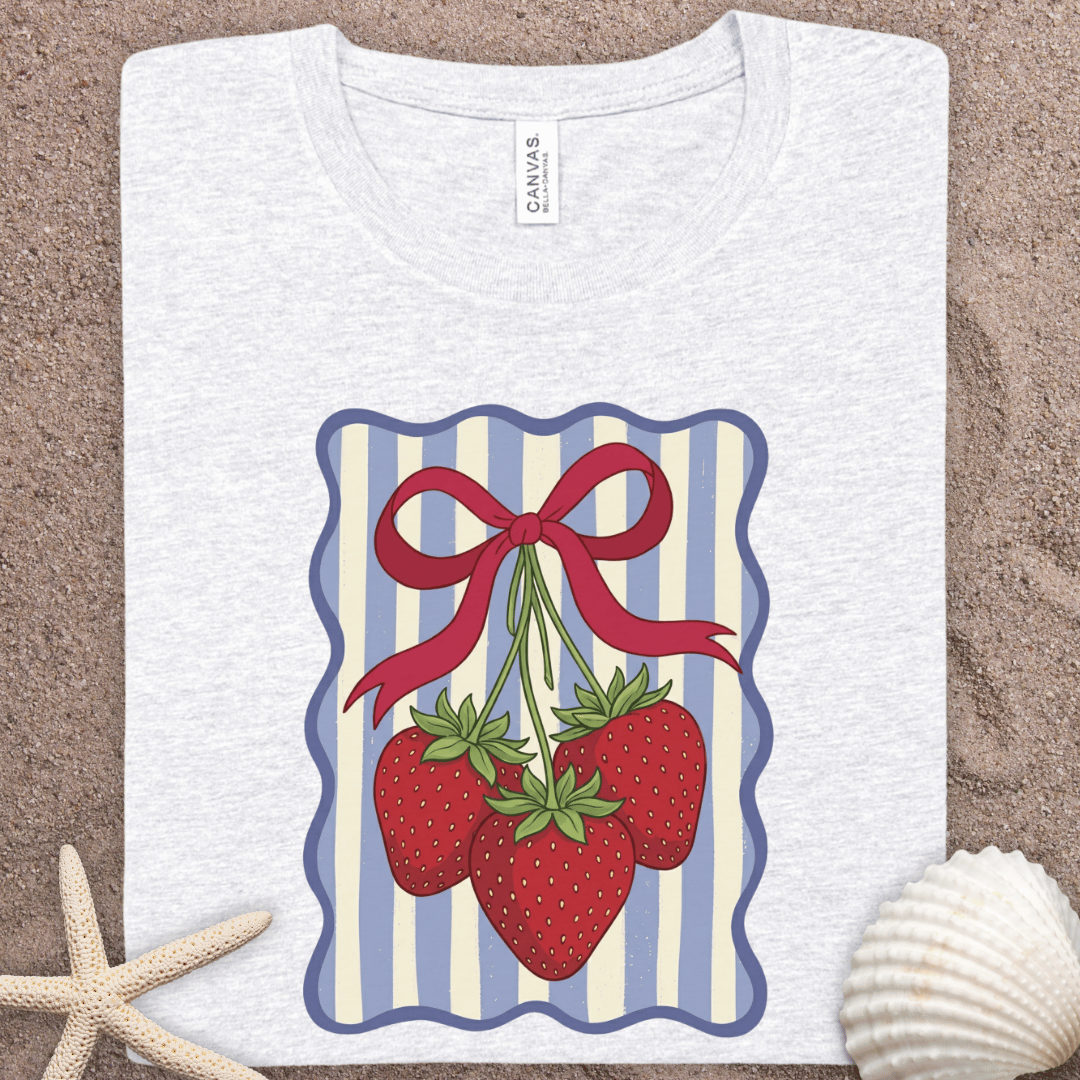 Strawberry Bouquet Summer Graphic Tee — Retro Striped Fruit Shirt