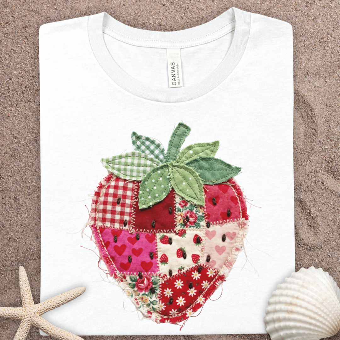 Faux Patchwork Strawberry T-Shirt — Vintage Quilted Fruit Tee