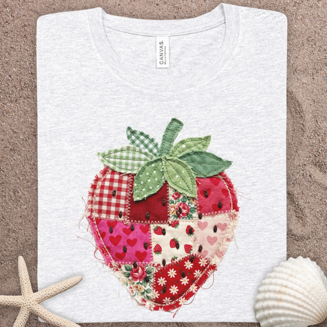 Faux Patchwork Strawberry T-Shirt — Vintage Quilted Fruit Tee