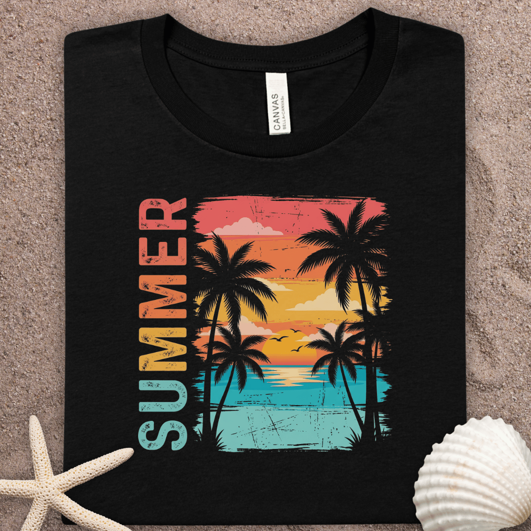 Summer Palm Beach T-Shirt — Retro Sunset Graphic Tee