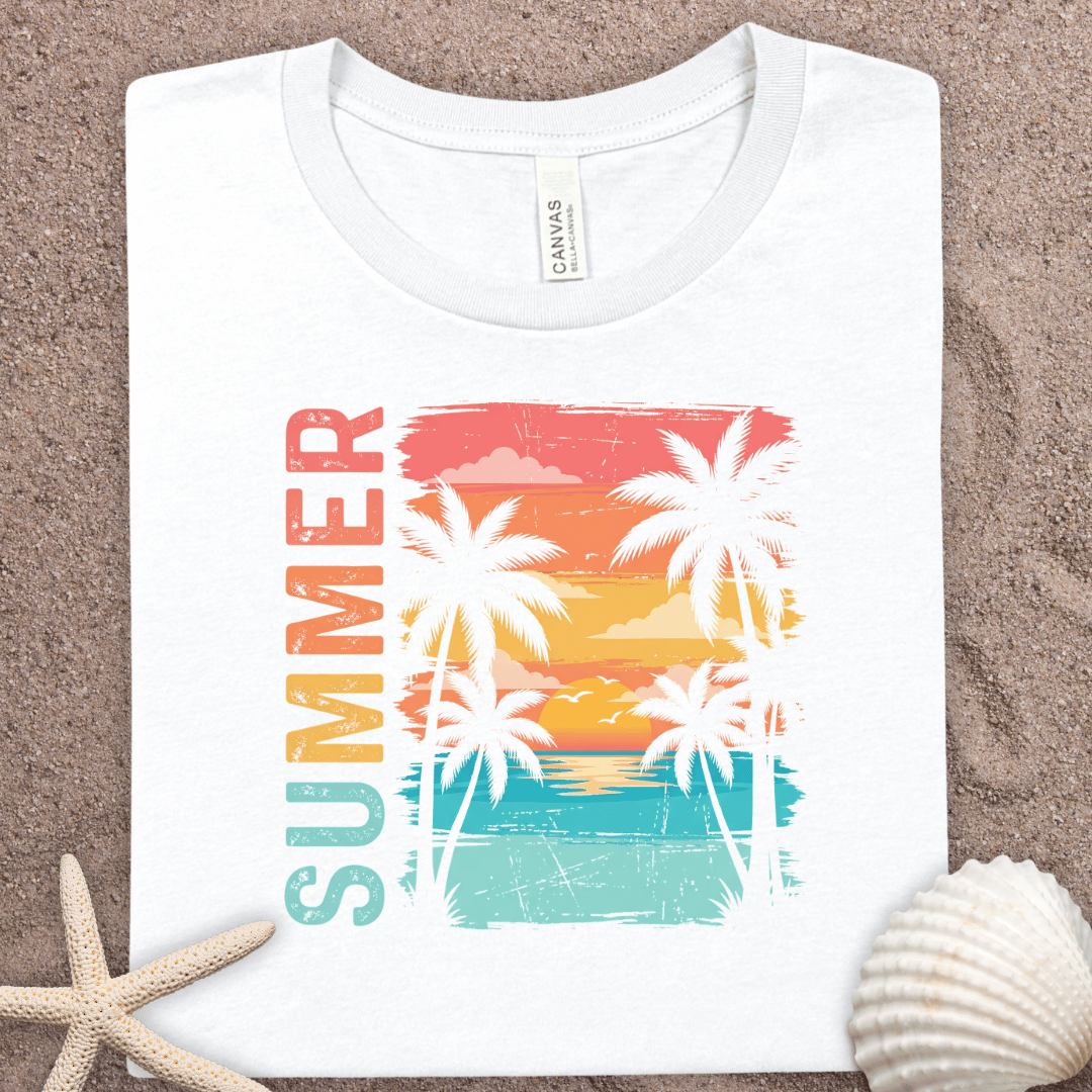 Summer Palm Beach T-Shirt — Retro Sunset Graphic Tee
