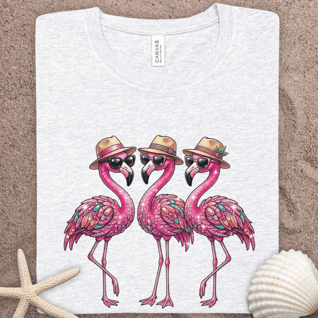 Tropical Flamingo Trio Tee — Summer Vacation Hat Graphic T-Shirt