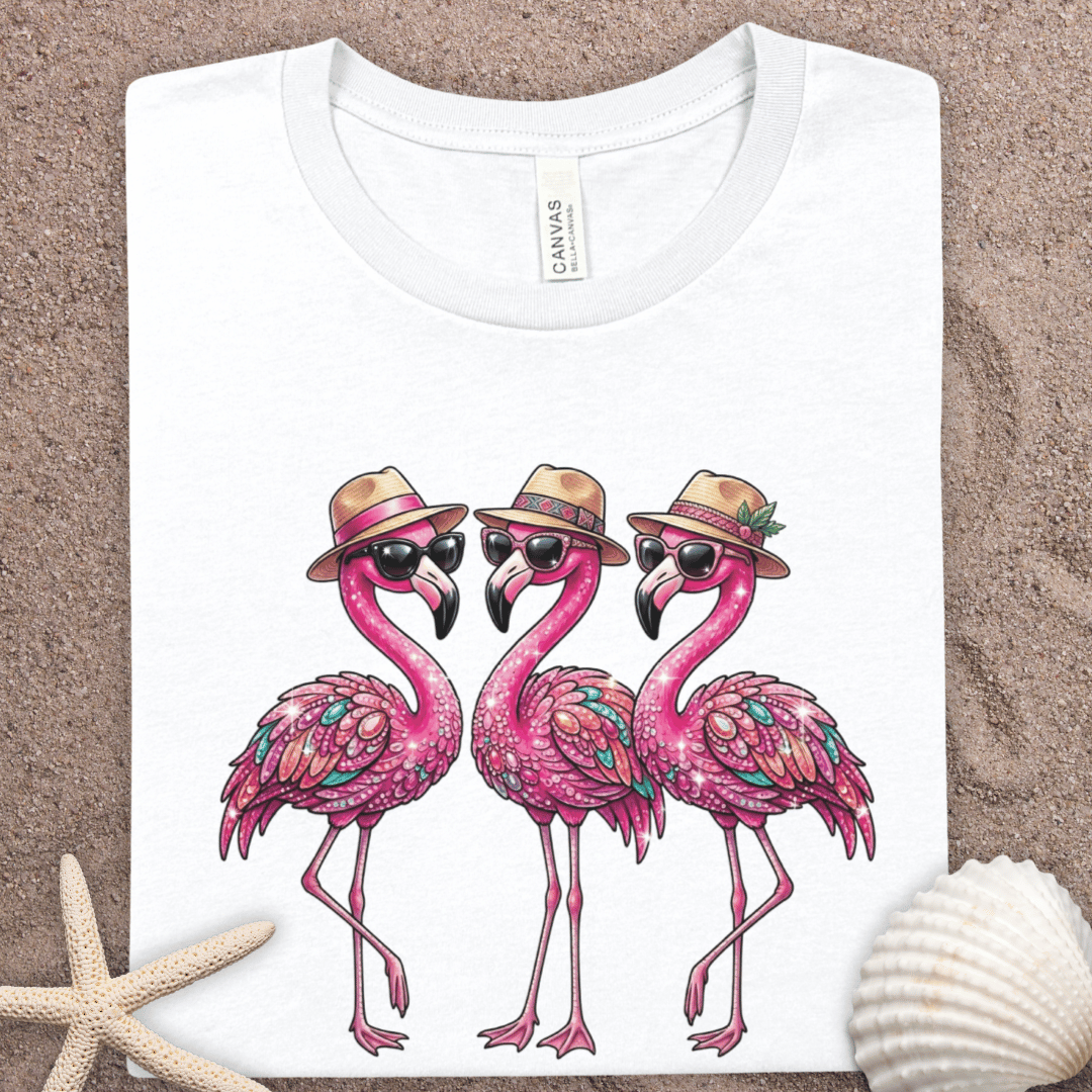 Tropical Flamingo Trio Tee — Summer Vacation Hat Graphic T-Shirt