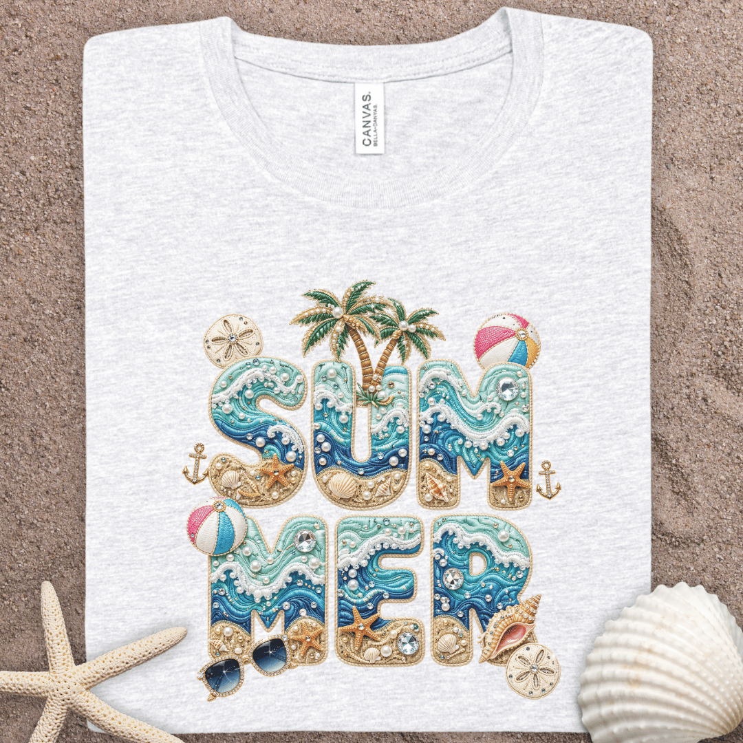 Summer Beach Graphic Tee – Tropical 'SUMMER' Lettering with Palm Trees & Seashells