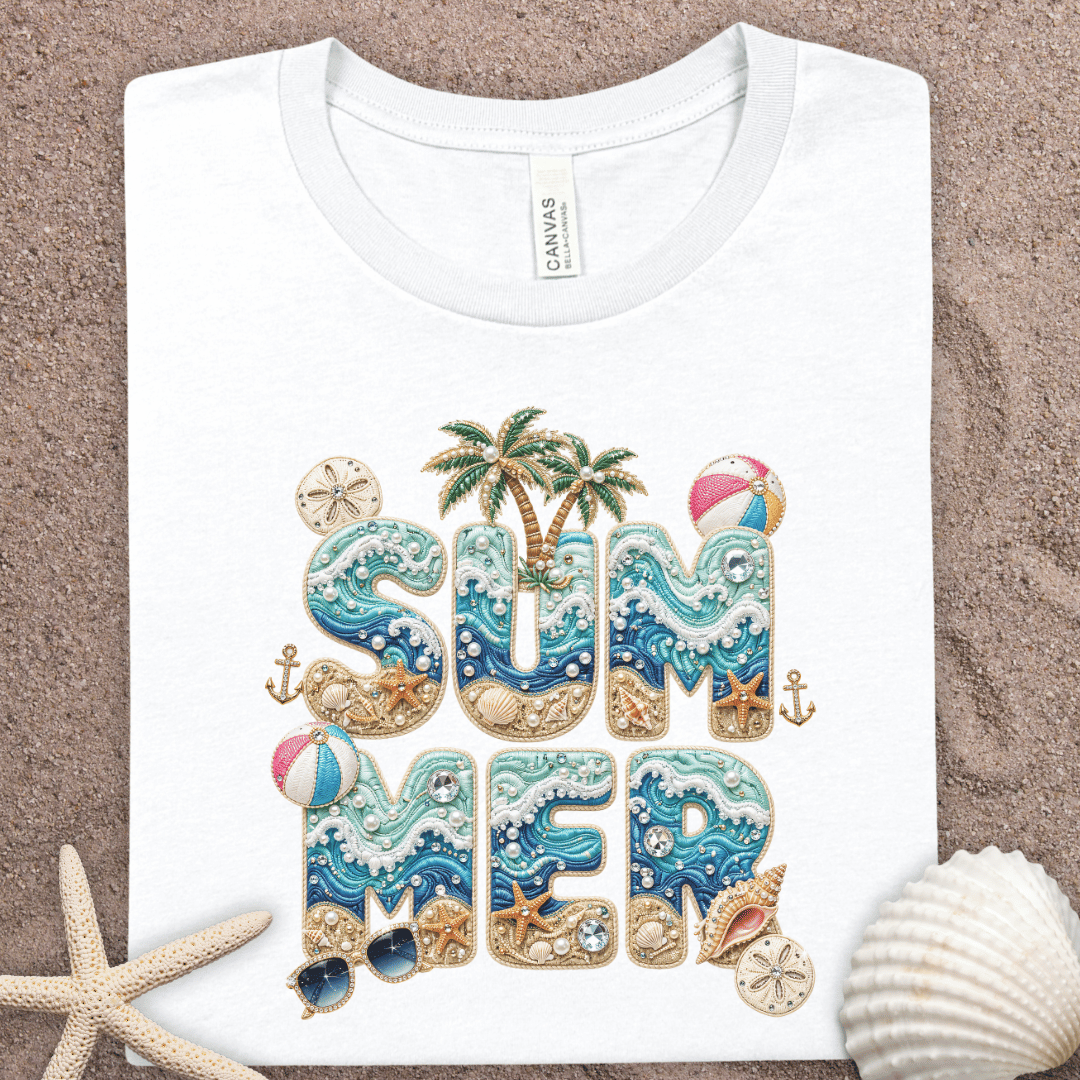 Summer Beach Graphic Tee – Tropical 'SUMMER' Lettering with Palm Trees & Seashells