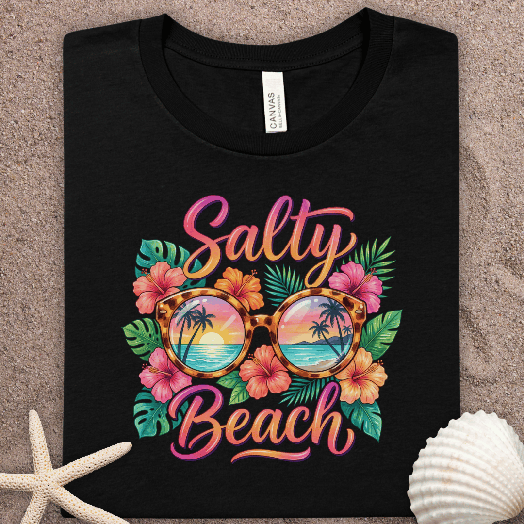 Salty Beach T-Shirt – Tropical Sunglasses & Hibiscus Vacation Tee