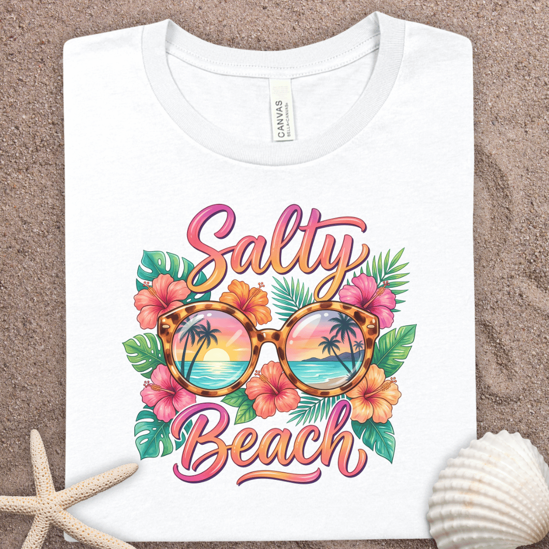 Salty Beach T-Shirt – Tropical Sunglasses & Hibiscus Vacation Tee