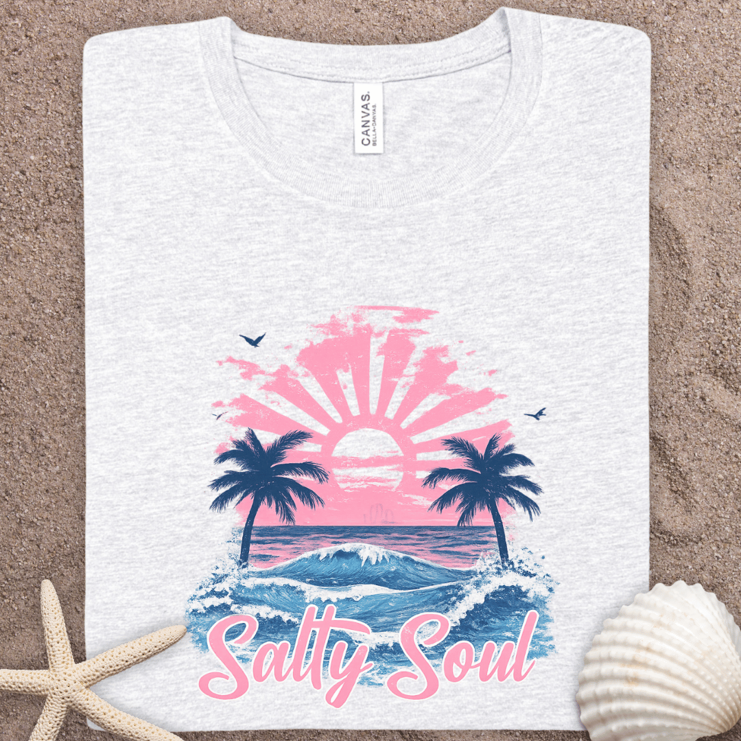 Salty Soul Beach Tee — Retro Palm Sunset Graphic T-Shirt