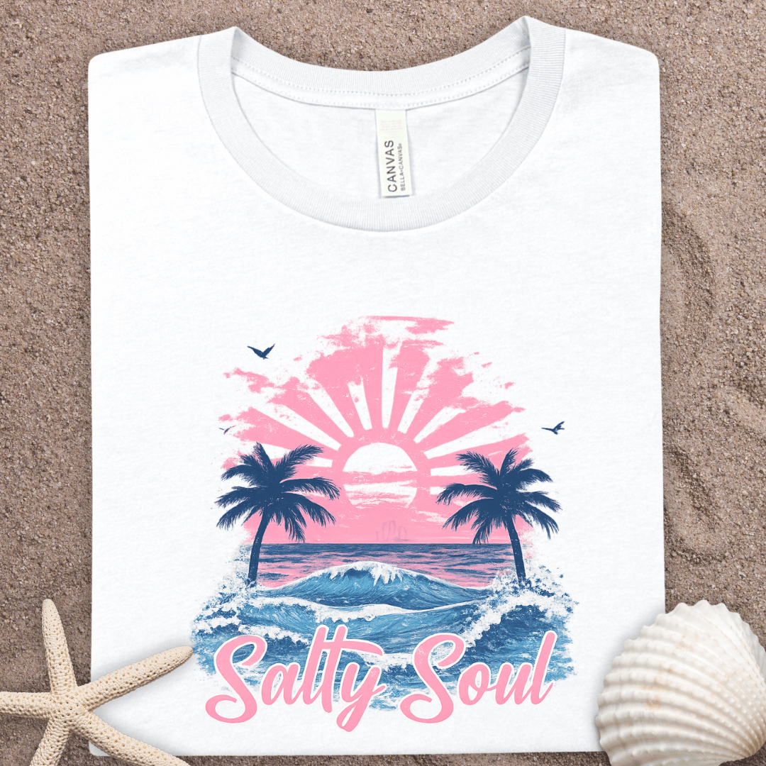 Salty Soul Beach Tee — Retro Palm Sunset Graphic T-Shirt