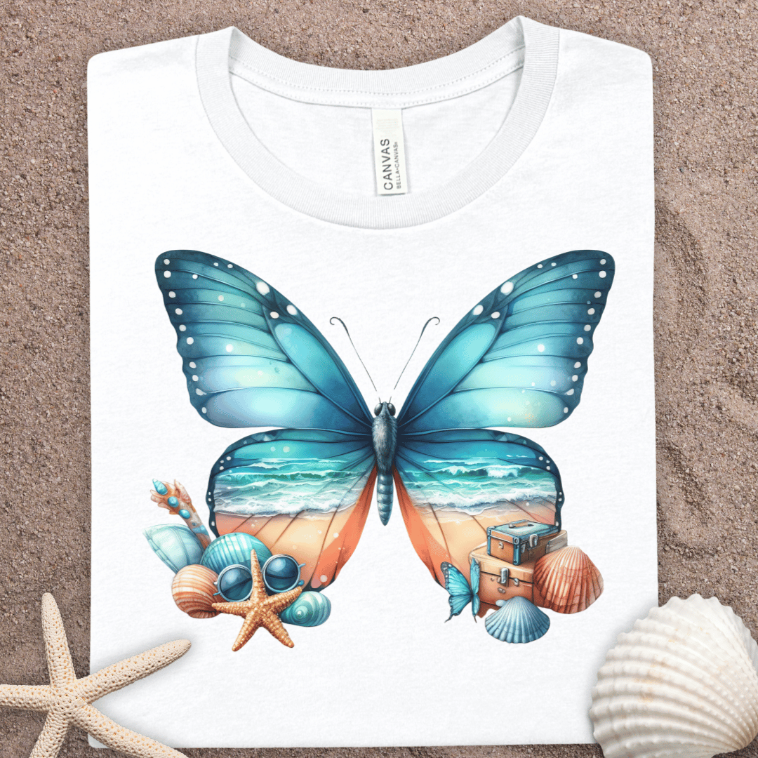Butterfly Beach Graphic Tee — Ocean Sunset Wings T-Shirt