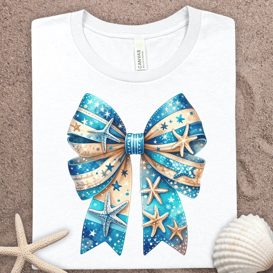 Seaside Starfish Summer Bow T-Shirt — Nautical Ocean Blue Graphic Tee