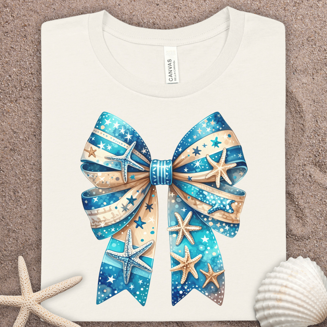 Seaside Starfish Summer Bow T-Shirt — Nautical Ocean Blue Graphic Tee