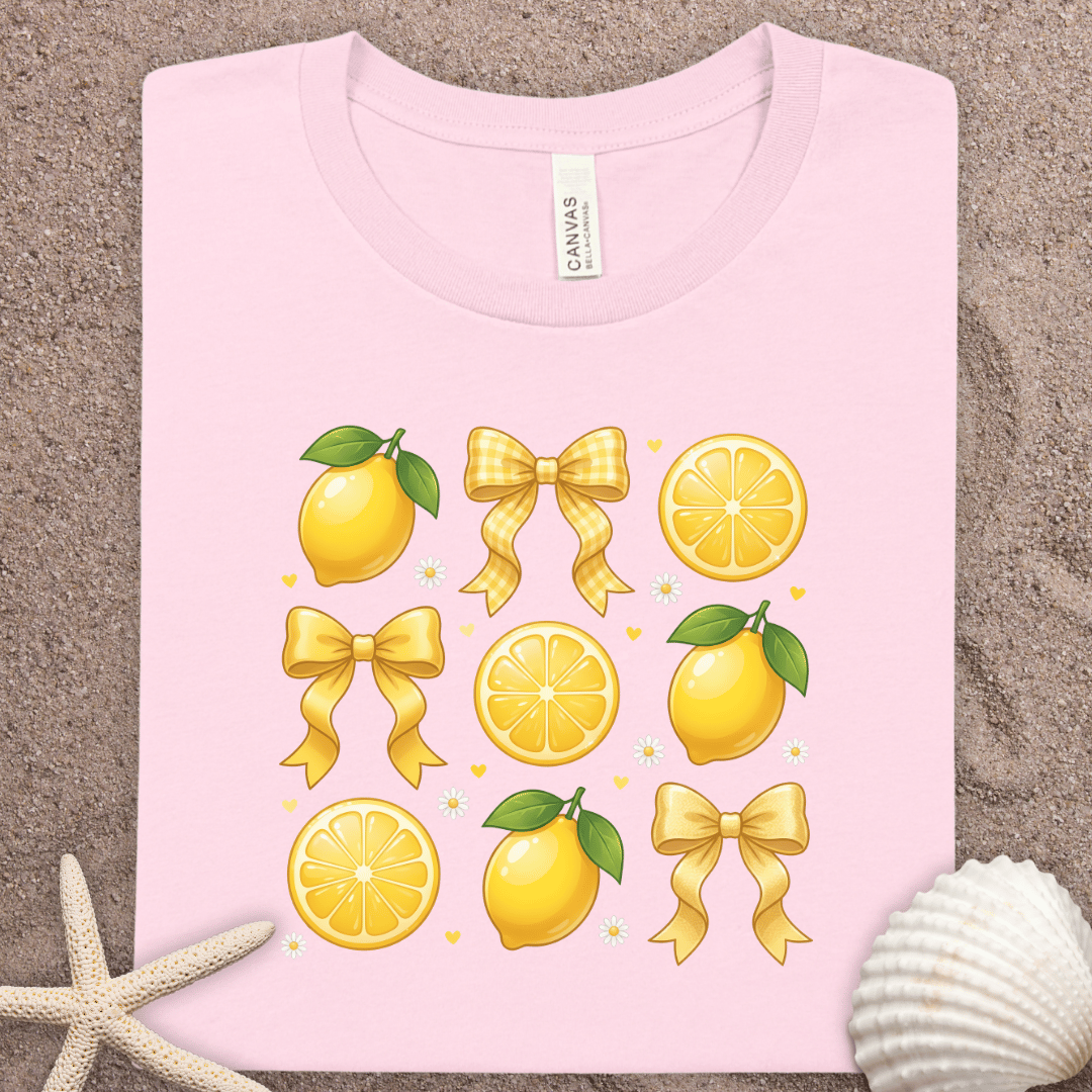 Lemon & Bow Graphic Tee — Cute Citrus Pattern Short Sleeve Shirt