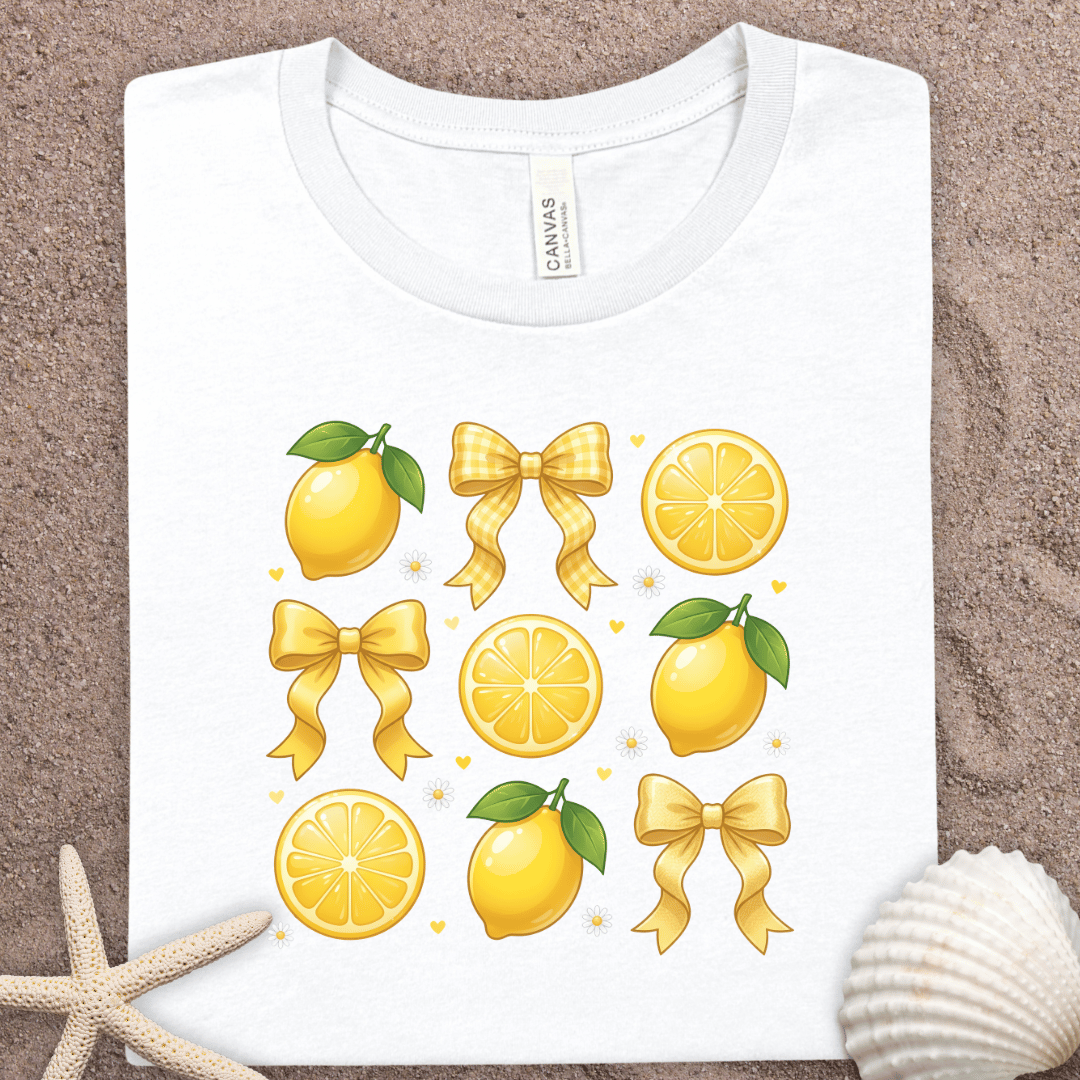 Lemon & Bow Graphic Tee — Cute Citrus Pattern Short Sleeve Shirt