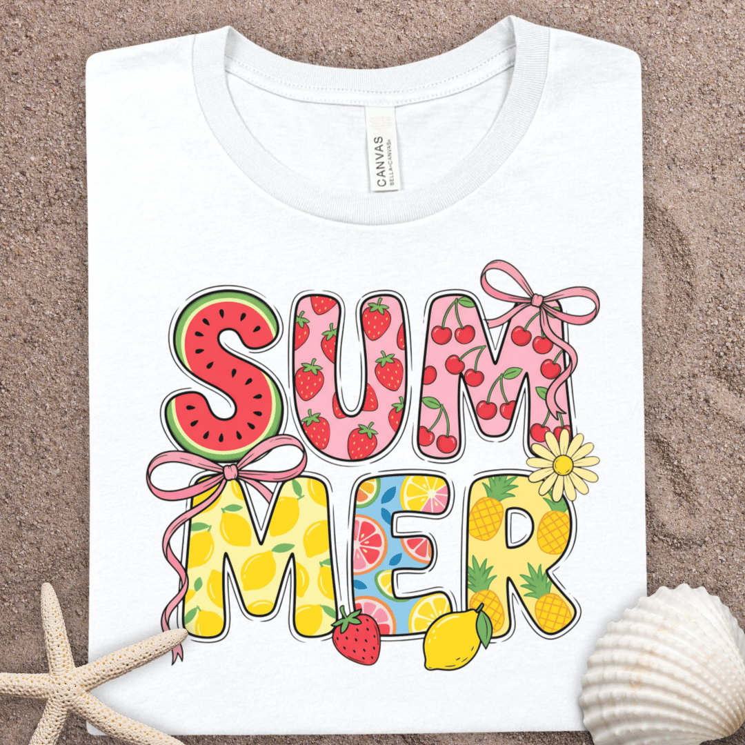 Summer Graphic Tee — Colorful 'SUMMER' Floral & Fruit Design