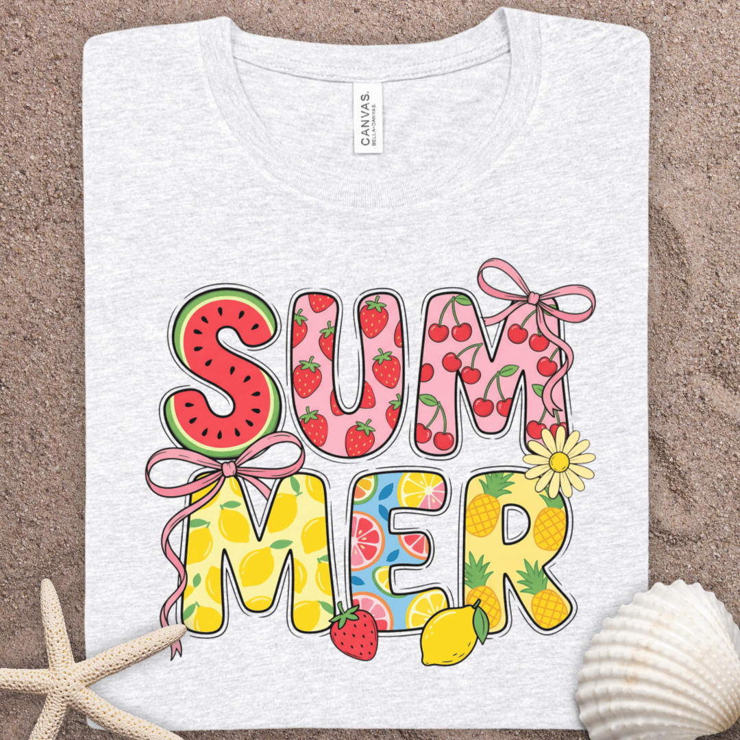 Summer Graphic Tee — Colorful 'SUMMER' Floral & Fruit Design