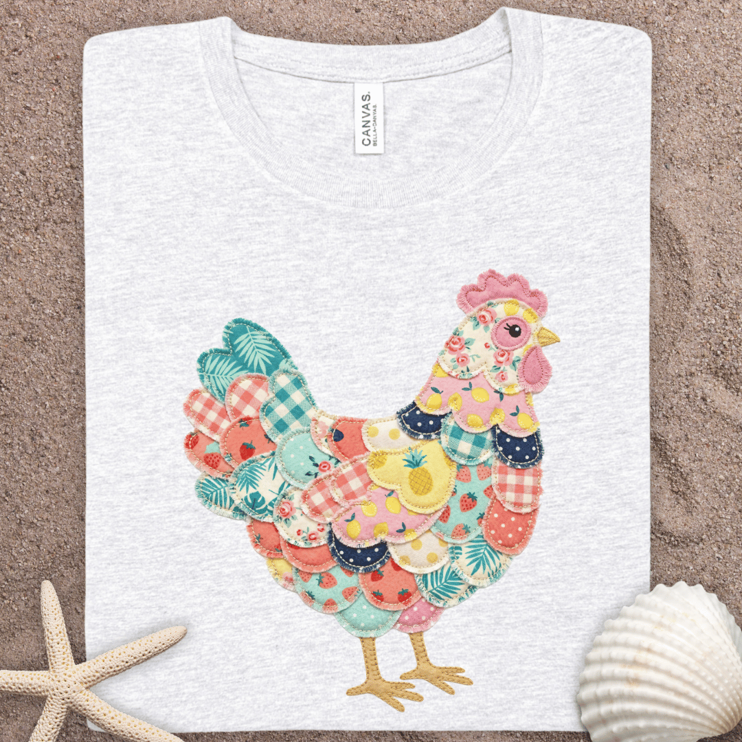 Faux Patchwork Hen T‑Shirt — Colorful Summer Farmhouse Chicken Graphic Tee
