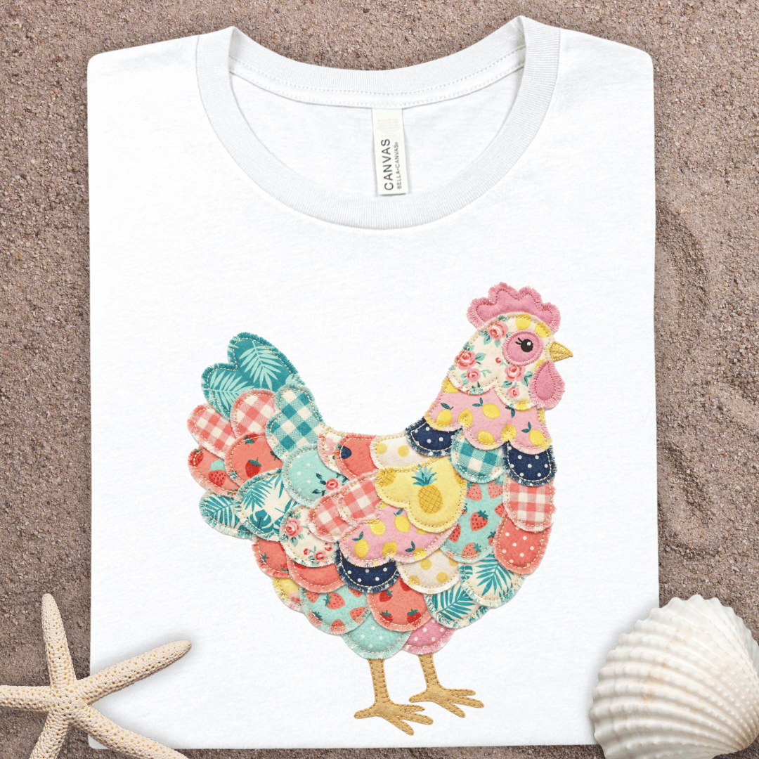 Faux Patchwork Hen T‑Shirt — Colorful Summer Farmhouse Chicken Graphic Tee