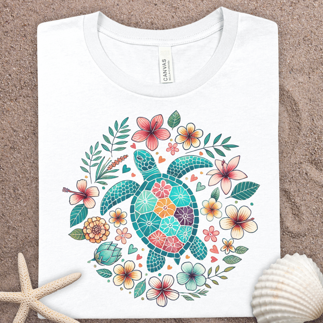 Sea Turtle Floral Tee — Tropical Summer Turtle Graphic T-Shirt