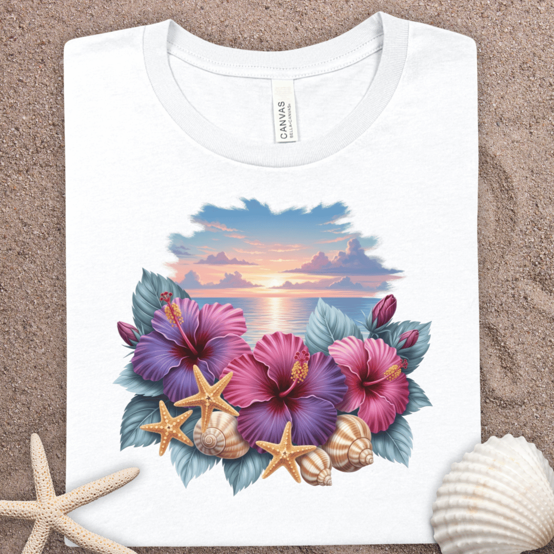 Tropical Sunset Floral Tee — Hibiscus, Shells & Starfish Beach Shirt