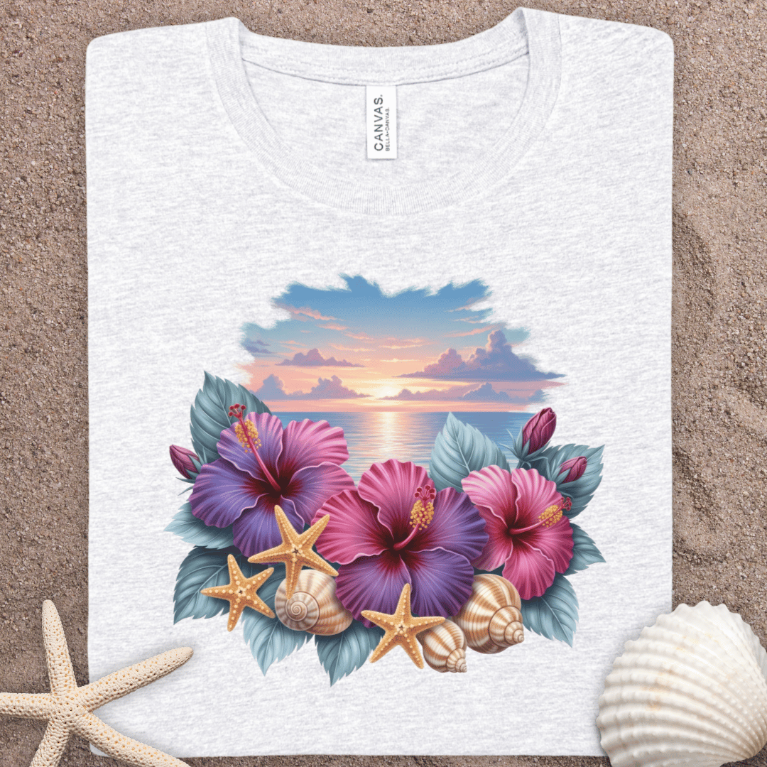 Tropical Sunset Floral Tee — Hibiscus, Shells & Starfish Beach Shirt
