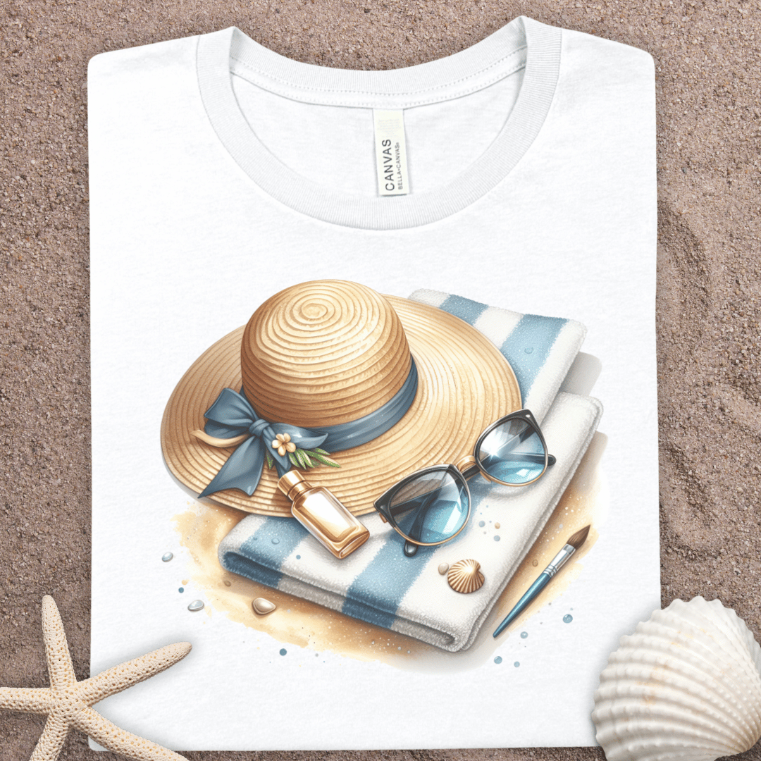 Beach Essentials T‑Shirt — Straw Hat, Sunglasses & Towel Summer Tee