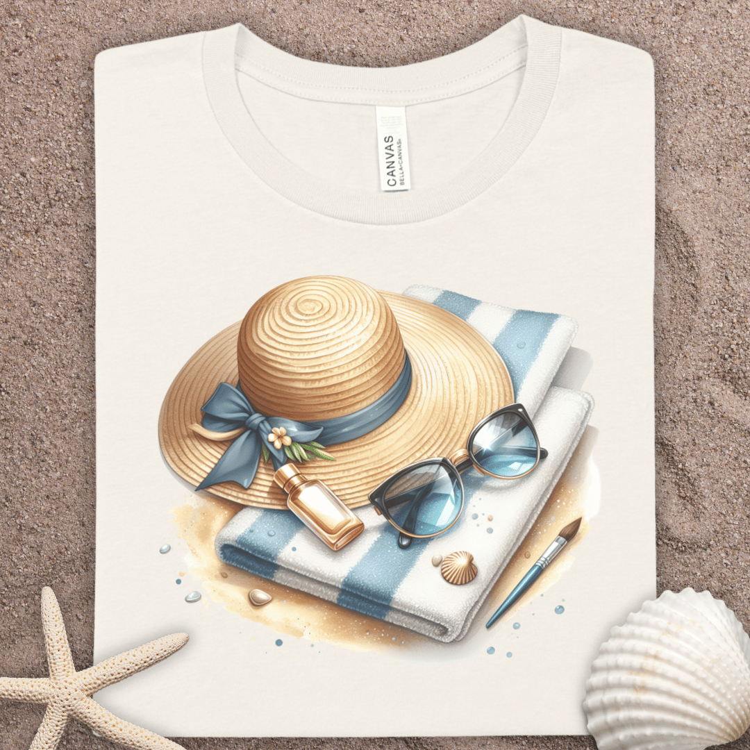 Beach Essentials T‑Shirt — Straw Hat, Sunglasses & Towel Summer Tee