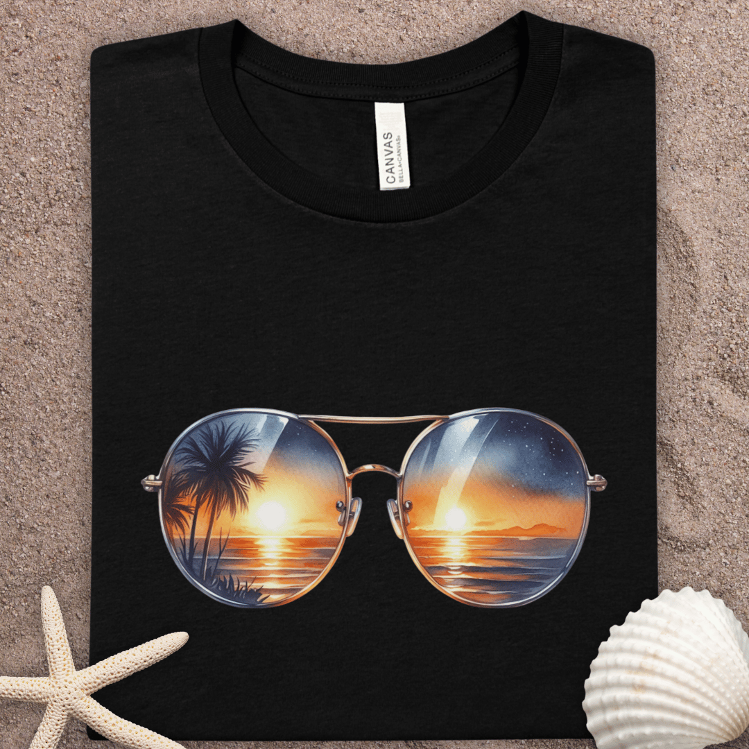 Sunset Sunglasses Tee — Tropical Beach Reflection Graphic T‑Shirt