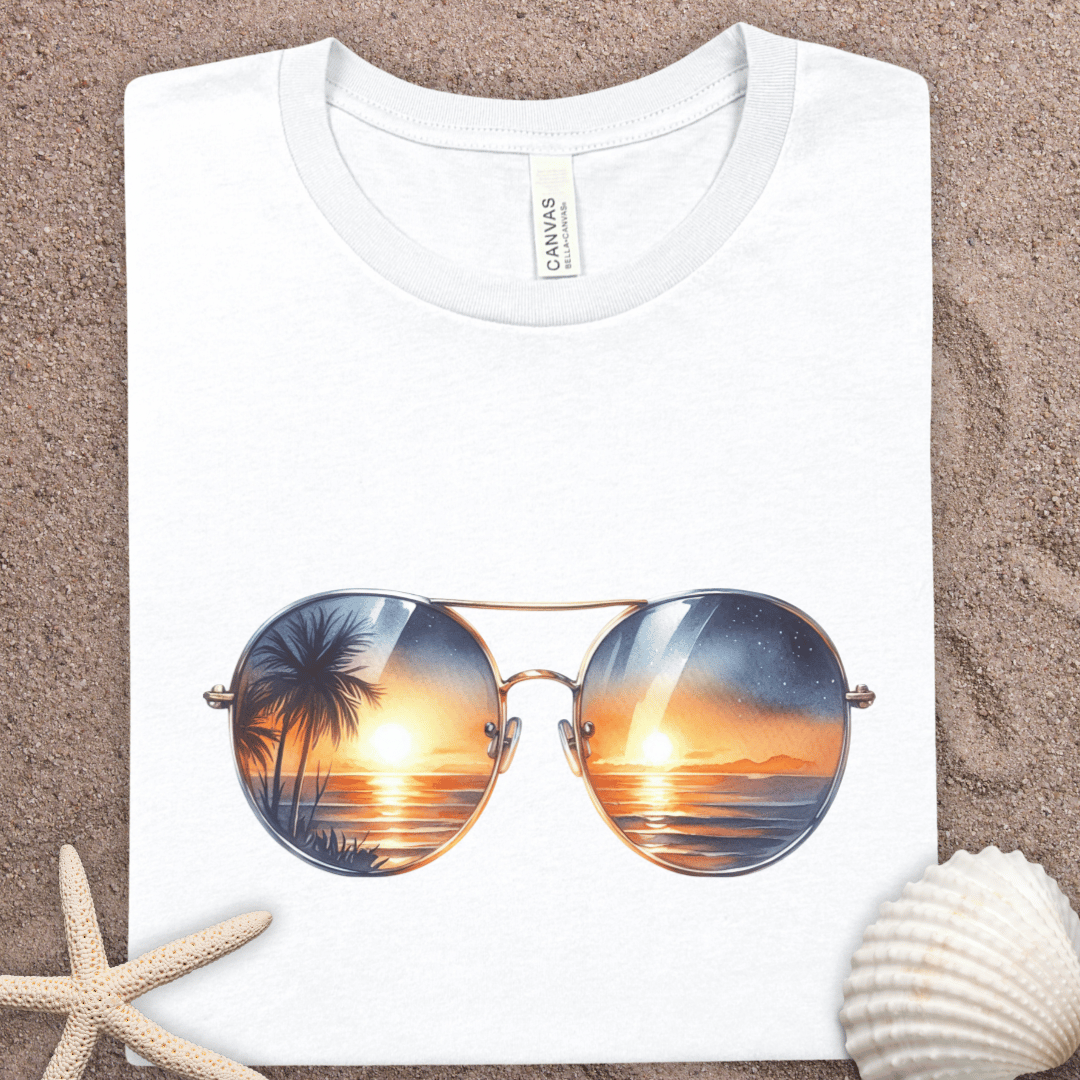 Sunset Sunglasses Tee — Tropical Beach Reflection Graphic T‑Shirt