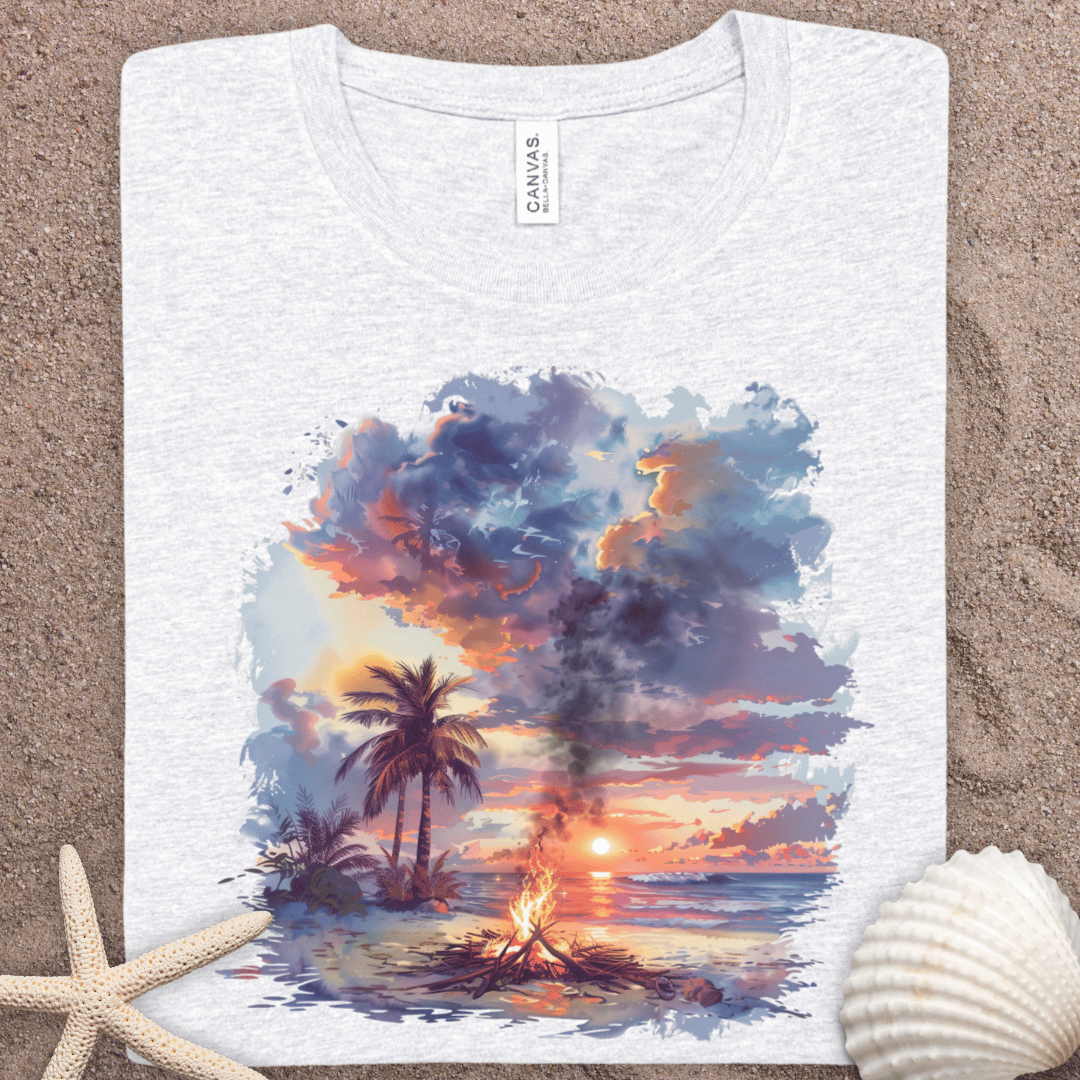 Sunset Beach T-Shirt — Tropical Palm Campfire Graphic Tee