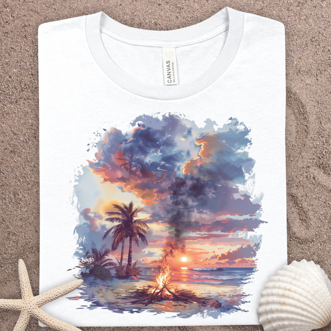 Sunset Beach T-Shirt — Tropical Palm Campfire Graphic Tee