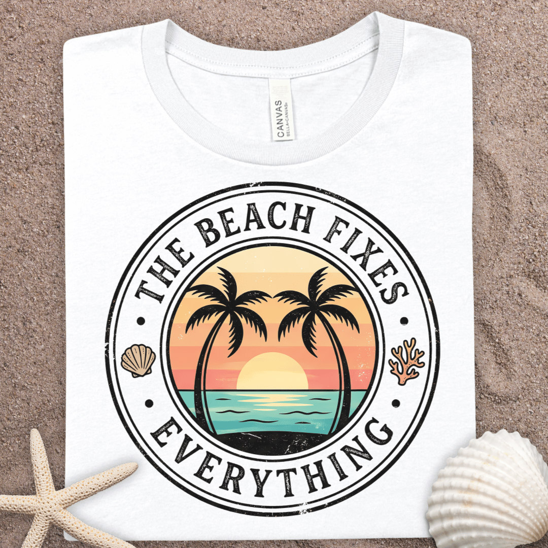 Beach T-Shirt — “The Beach Fixes Everything” Sunset Palm Tee