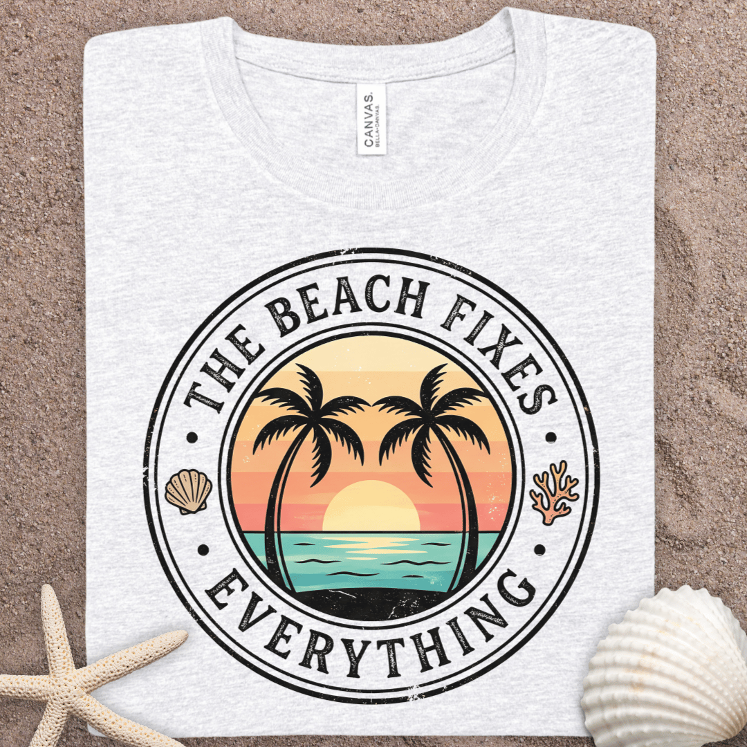 Beach T-Shirt — “The Beach Fixes Everything” Sunset Palm Tee