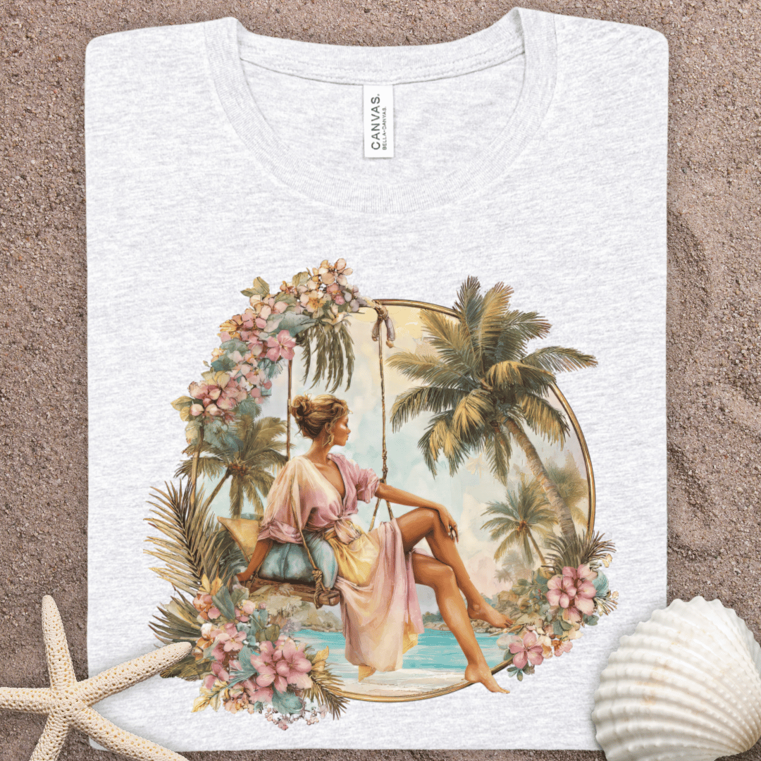 Tropical Retro Beach Tee — Vintage Palm & Floral Graphic Shirt