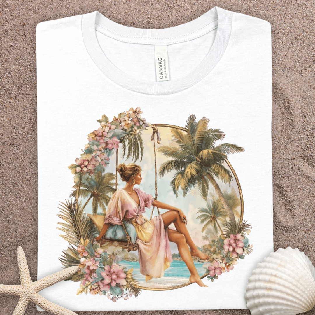 Tropical Retro Beach Tee — Vintage Palm & Floral Graphic Shirt