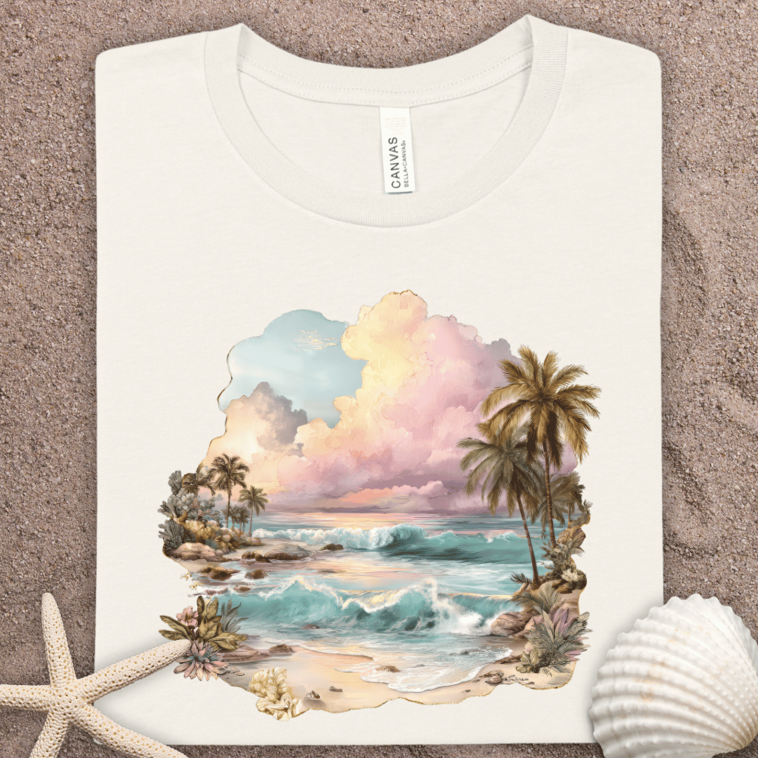 Tropical Beach Scene Tee — Sunset Palm Island Graphic T-Shirt