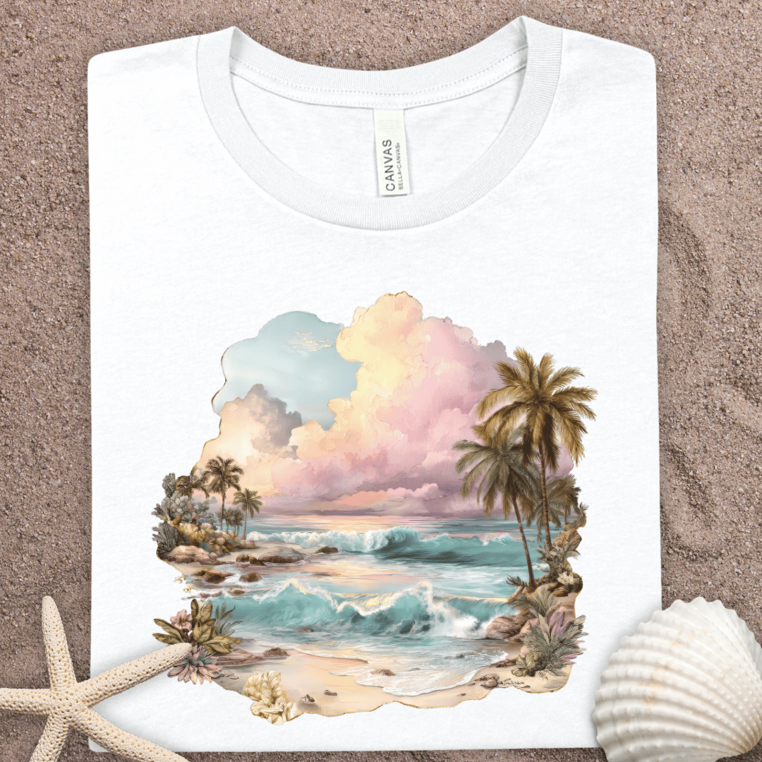 Tropical Beach Scene Tee — Sunset Palm Island Graphic T-Shirt