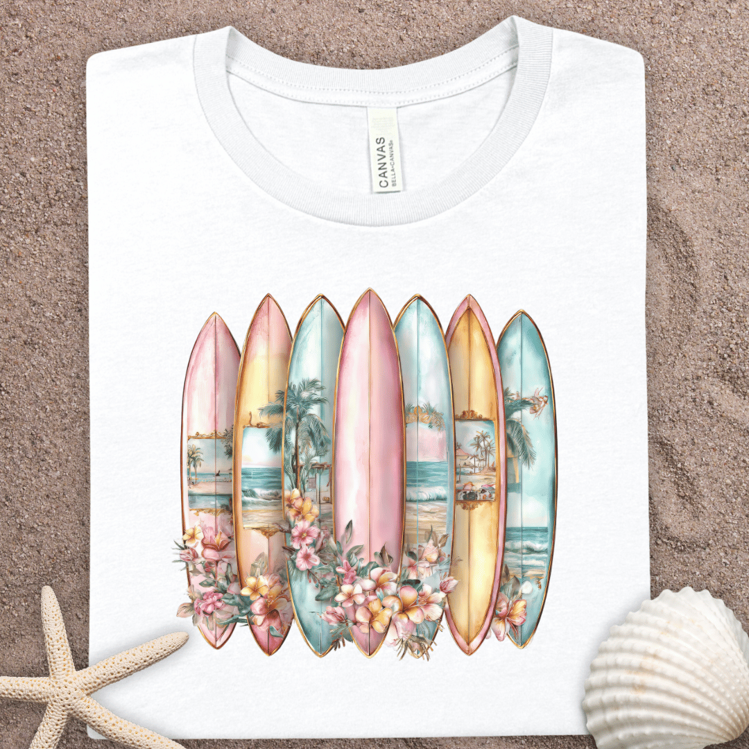 Surfboard Floral Tee — Pastel Beach Surfboard T-Shirt