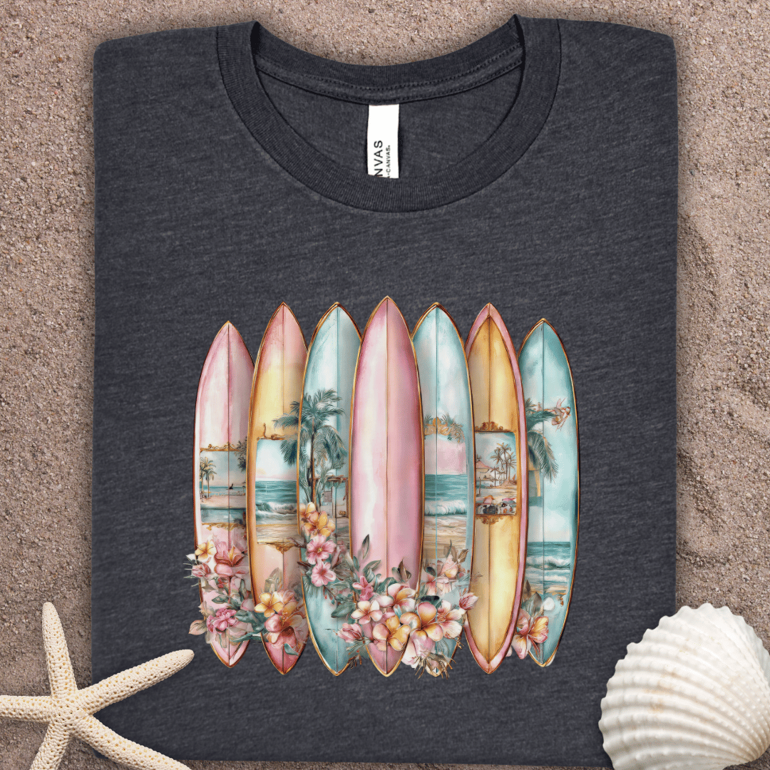 Surfboard Floral Tee — Pastel Beach Surfboard T-Shirt