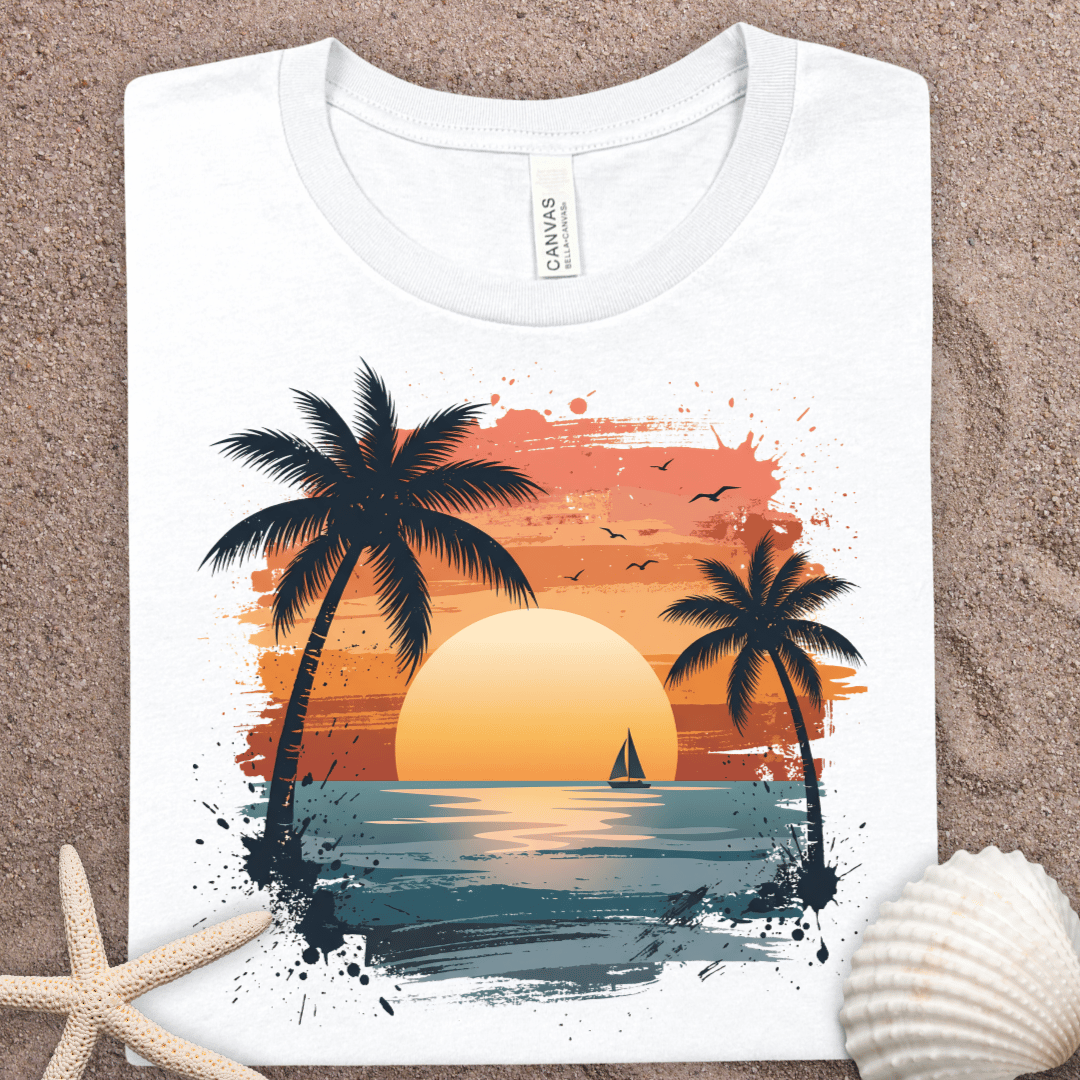 Sunset Palm Beach T-Shirt — Retro Tropical Sunset Tee