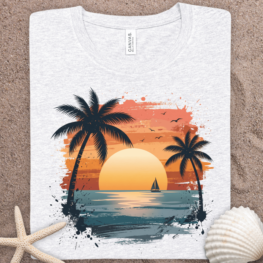 Sunset Palm Beach T-Shirt — Retro Tropical Sunset Tee