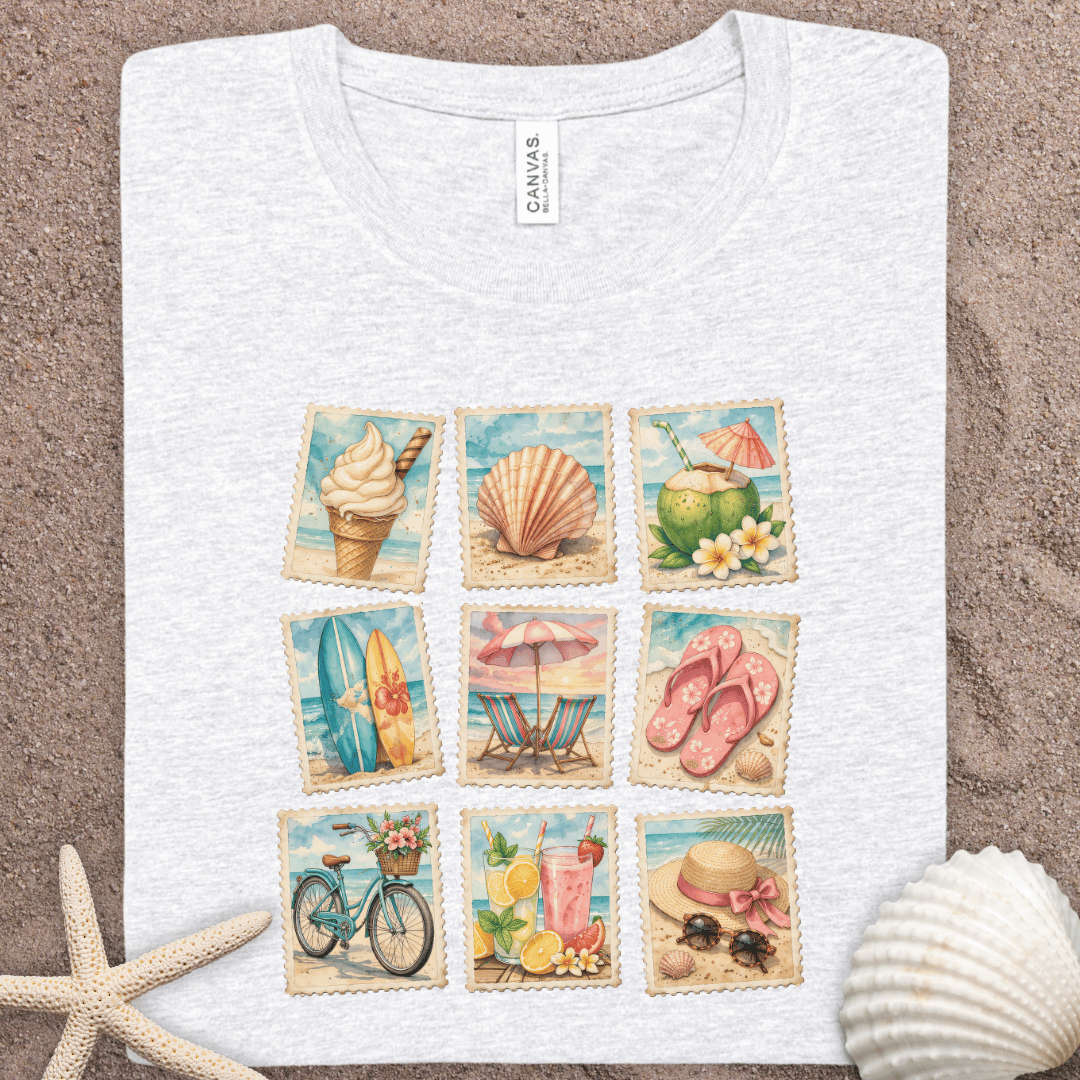 Summer Beach Icons T-Shirt — Vintage Coastal Vacation Graphic Tee